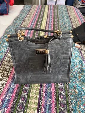 bebe Gray Croc-Embossed Top-Handle Satchel with Tassel Accent
